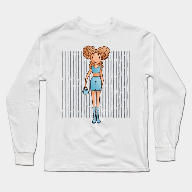 Cute girl with a blue outfit and boots and holding a purse in her hand. Long Sleeve T-Shirt by Sissely